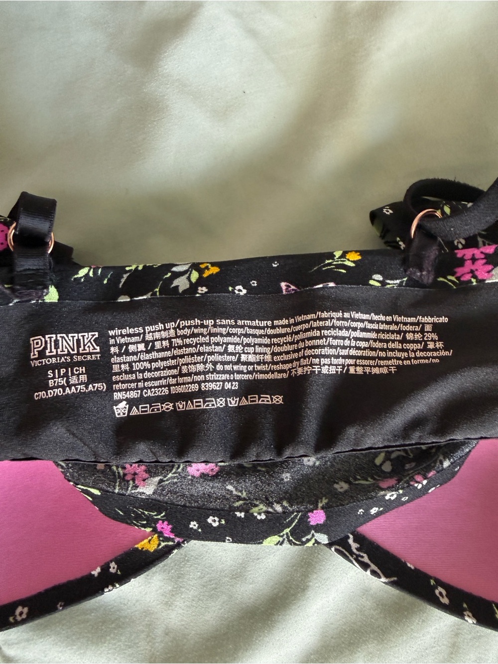 PINK Victoria's Secret Black Floral Wireless Bralette with Pink Orange Flowers S - Picture 2 of 3